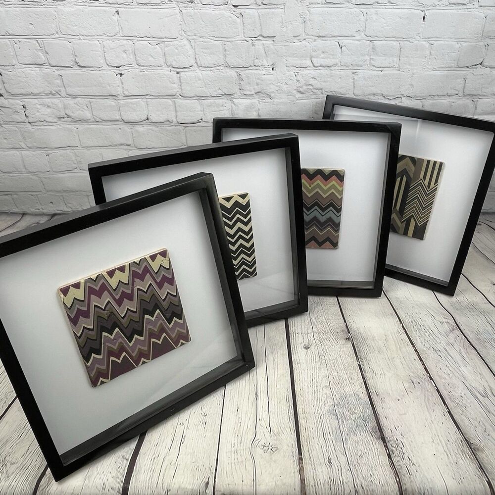 MISSONI Set of 4 Framed Wall Tiles Ceramic Shadow Box Art Home Decor 12x12x1 1/4